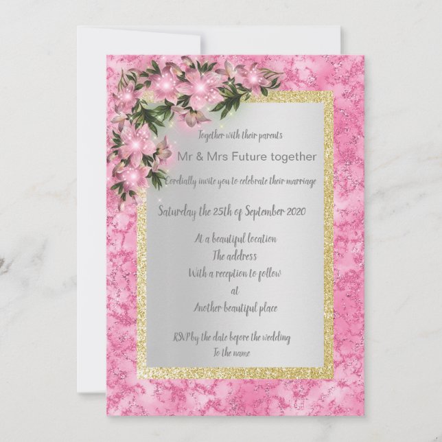 Invitation marbre rose mariage floral avec or rose floral (Devant)