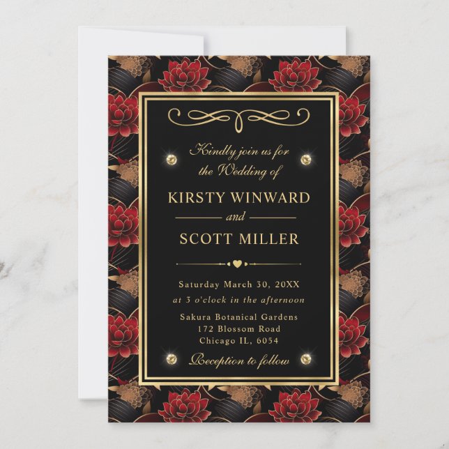 Invitation Marbre rouge noir et or Mariage floral (Devant)