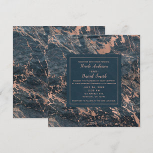 Invitation Marbre Rustique Bleu Brumeux et Rose Gold Rose Gla