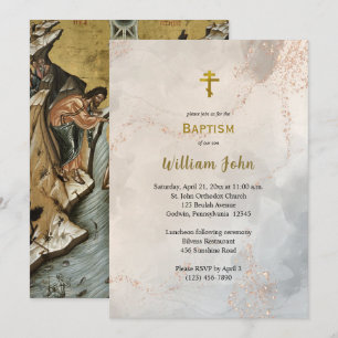 Invitation Marbre Texturé avec Paillettes de Faux Or Baptême