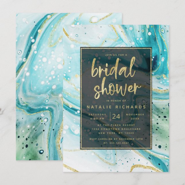 Invitation Marbre Turquoise avec Fête des mariées d'or (Devant / Derrière)
