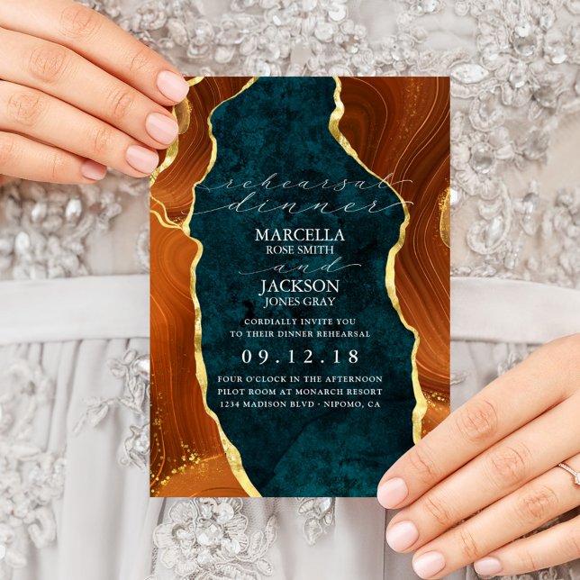 Invitation Marbre turquoise, Orange Brûlé & Or Agate Répétiti (Créateur téléchargé)