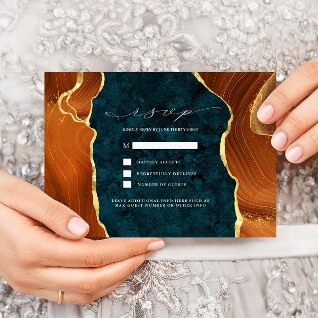 Invitation Marbre turquoise, Orange Brûlé & Or Agate RSVP (Créateur téléchargé)
