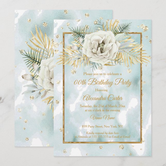 Invitation Marbre Vert Menthe Doré Fête d'anniversaire Floral (Devant / Derrière)