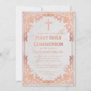 Invitation Marbre Vintage élégant Rose de première communion