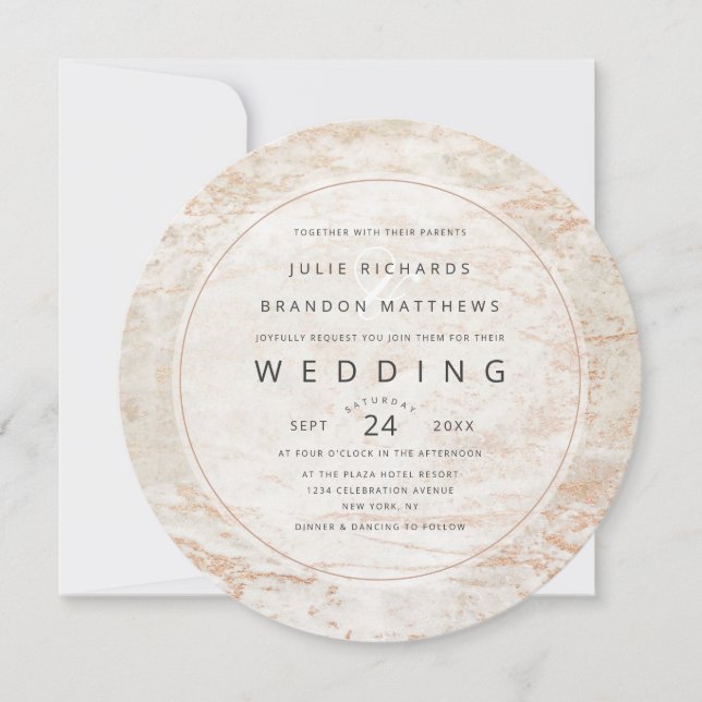 Invitation Marbres modernes en beige avec Mariage en cuivre (Devant)