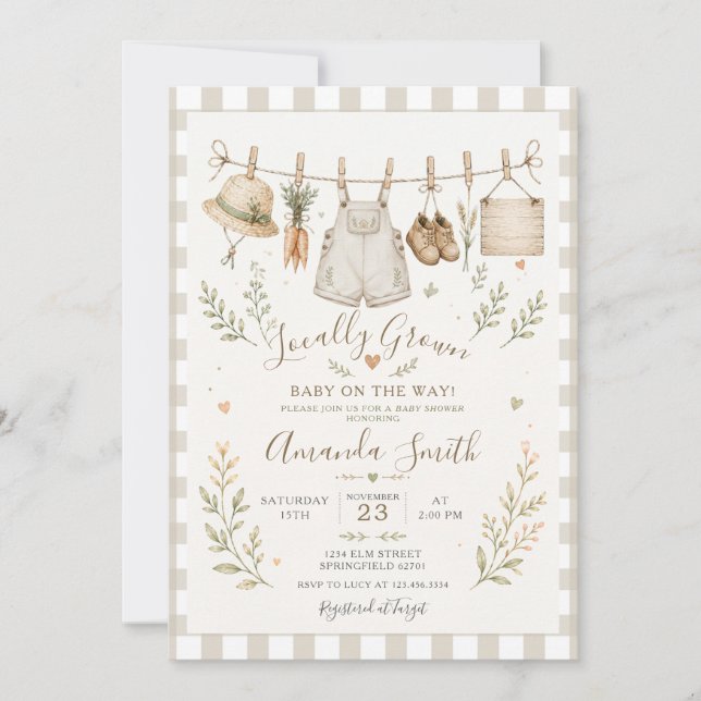 Invitation Marché Boho Bébé Né Local Gingham Shower Bébé (Devant)