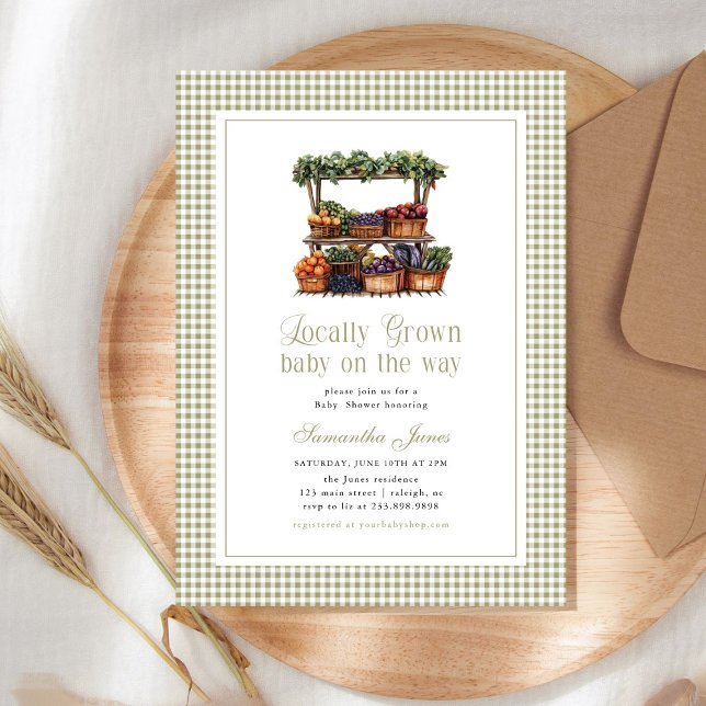 Invitation Marché de fermier gingham de bébé fait local (Créateur téléchargé)