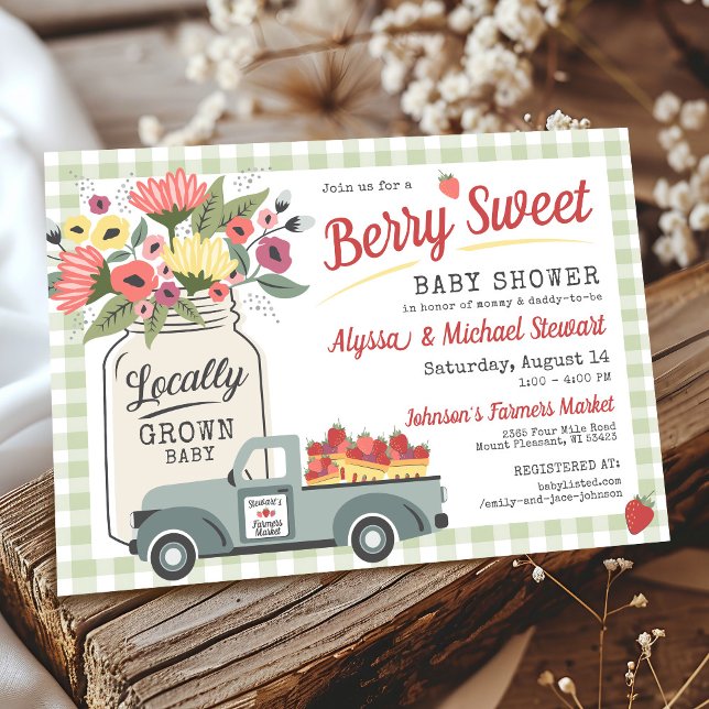 Invitation Marché Fermier Sucré aux Fruits Fête de Naissance  (Cute sage green gingham mason jar flowers bouquet strawberry berry sweet farmers market baby shower)