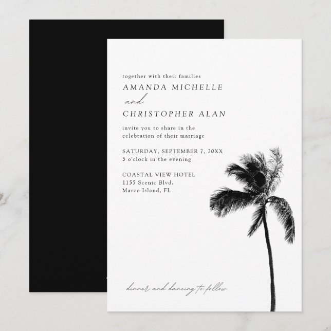 Invitation Marco Island Mariage Floride Noir & Blanc Élégant (Devant / Derrière)