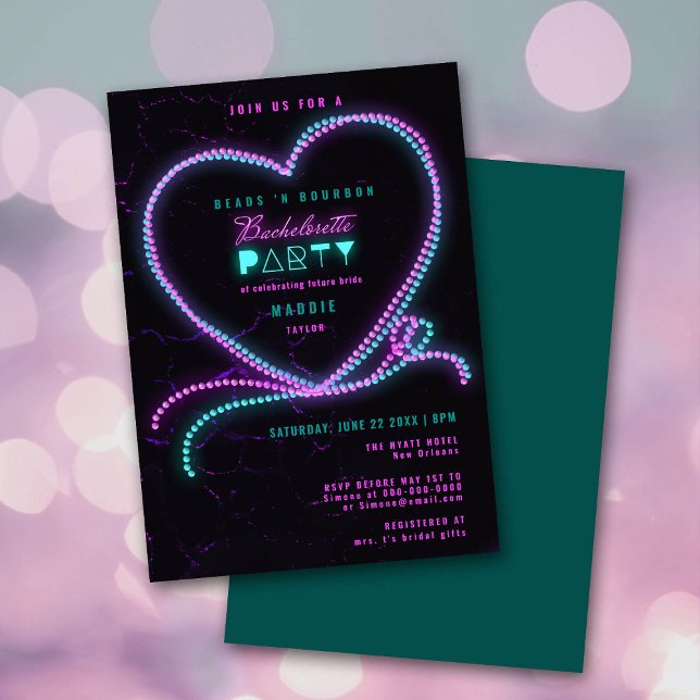Invitation Mardi Beads Bourbon Neon Heart Bachelorette (Créateur téléchargé)