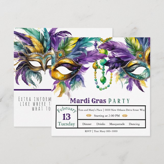 Invitation Mardi et Mardi Gras (Devant / Derrière)