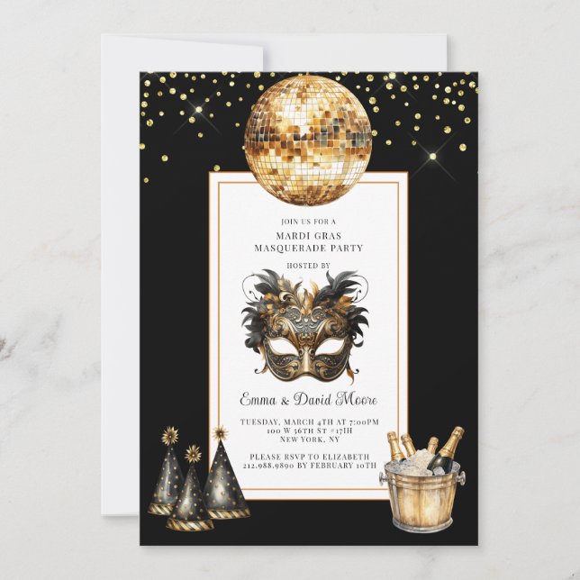 Invitation Mardi Gras 2026 Black Gold Glitter (Devant)
