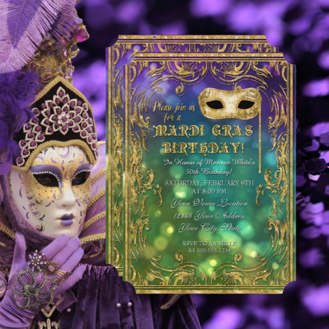 Invitation Mardi Gras Anniversaire Masquerade Masque Bokeh Go (Créateur téléchargé)