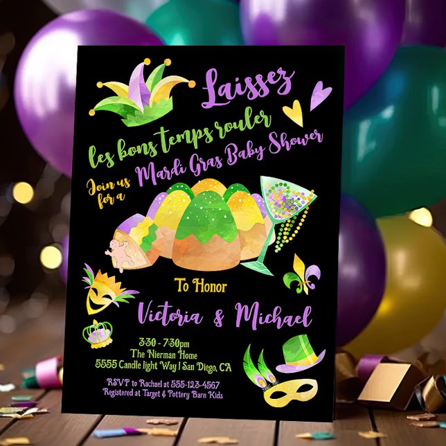 Invitation Mardi Gras Baby shower aquarelle King Cake (Créateur téléchargé)