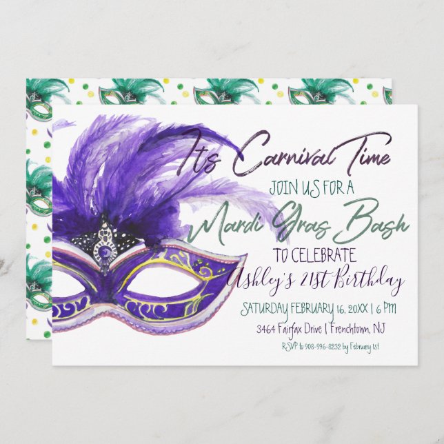 Invitation Mardi Gras Bash | 21e anniversaire (Devant / Derrière)