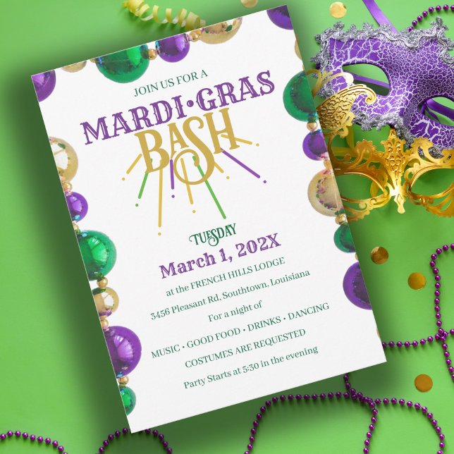 Invitation Mardi Gras Bash New Orleans Beads Party (Créateur téléchargé)