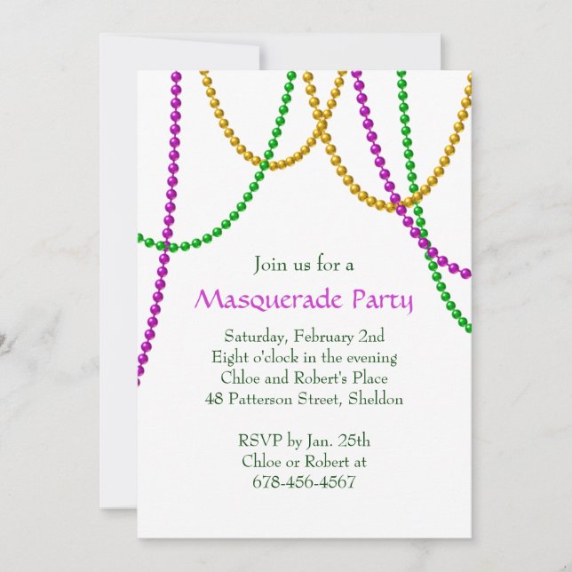 Invitation Mardi Gras Beads (blanc) (Devant)