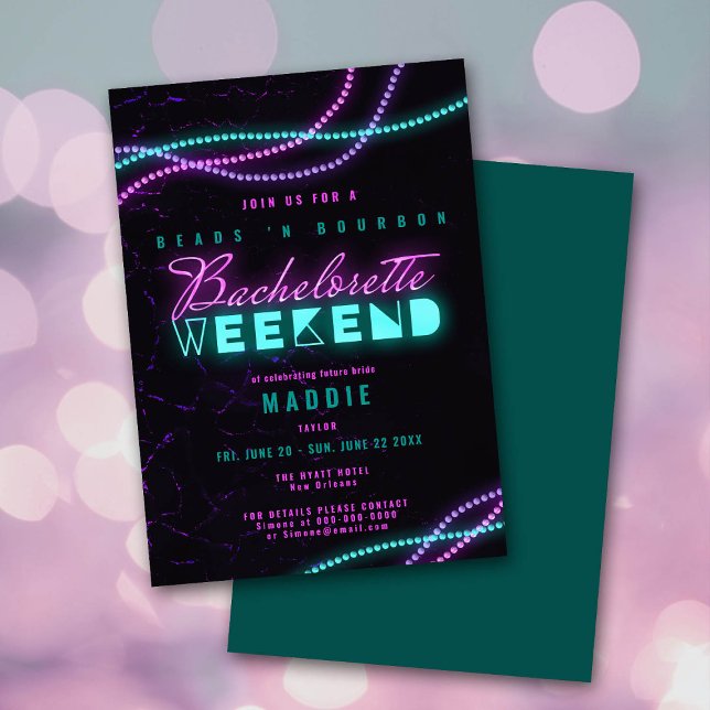Invitation Mardi Gras Beads Bourbon Neon Bachelorette Week-en (Créateur téléchargé)