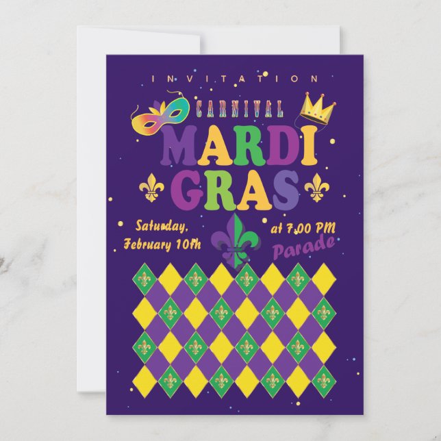 Invitation Mardi Gras Carnaval Fleur de Lis Diamant Arlequin (Devant)