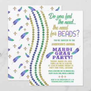 Invitation Mardi Gras Carnival Party Funny Besoin de perles