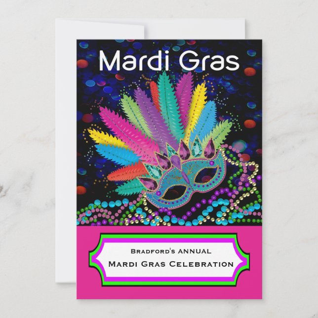 Invitation MARDI GRAS Célébration, Masque, Perles, Colorée (Devant)