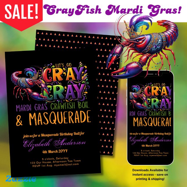 Invitation Mardi Gras Crawfish Boil Masquerade Lets Cray Cray (Créateur téléchargé)