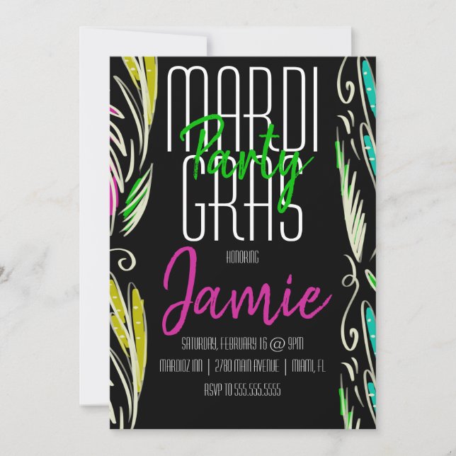 Invitation Mardi Gras Dessin Main Botanique Rose Vert Noir (Devant)