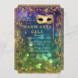 Invitation Mardi Gras Gala Masquerade Mask Bokeh Gold Parties