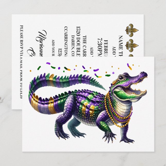Invitation Mardi Gras Gator (Devant / Derrière)