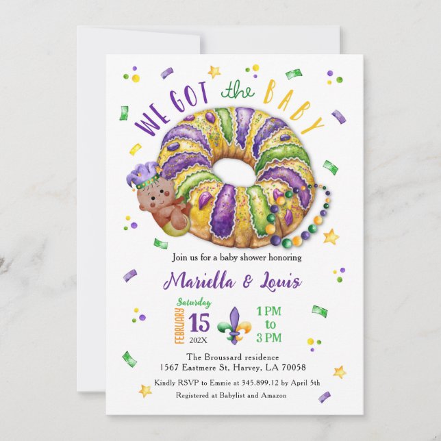 Invitation Mardi Gras Gender Reveal Dark Skin Tone (Devant)