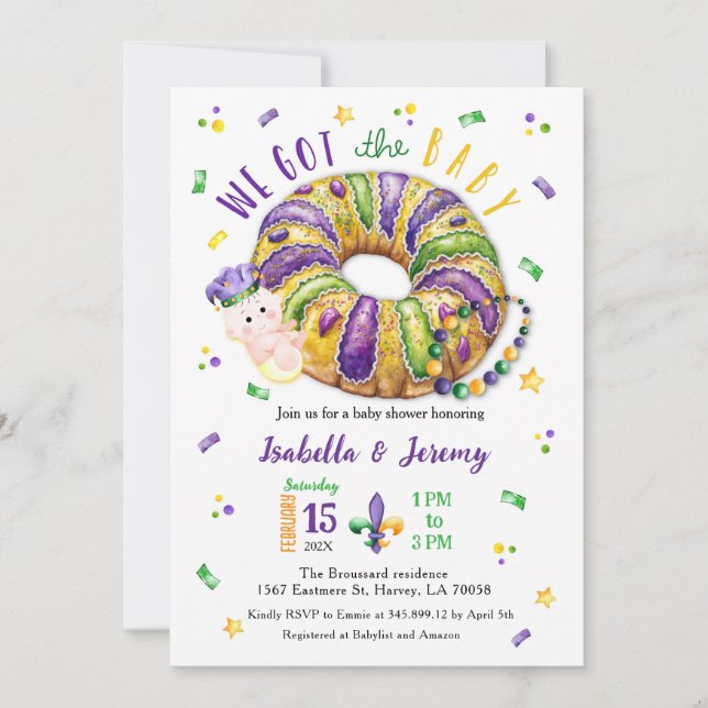 Invitation Mardi Gras Gender Reveal King Cake  (Devant)