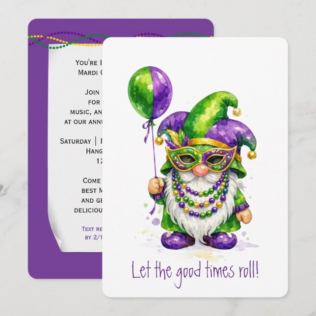 Invitation Mardi Gras Gnome with Party Balloon (Devant / Derrière)