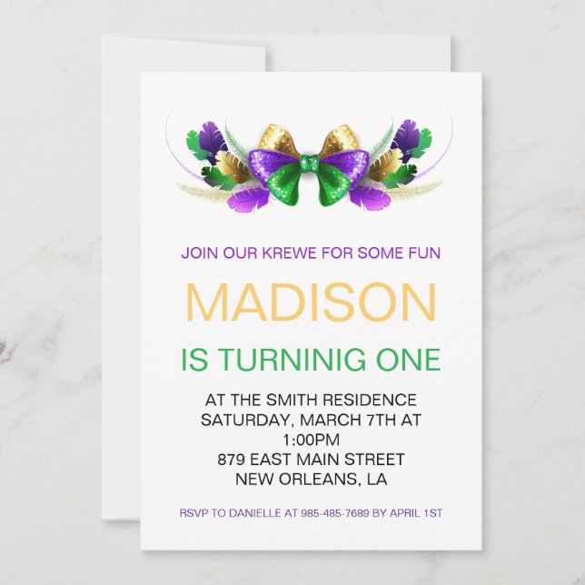 Invitation Mardi Gras Krewe Coquette Bow Premier anniversaire (Devant)