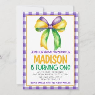 Invitation Mardi Gras Krewe Coquette Bow Premier anniversaire