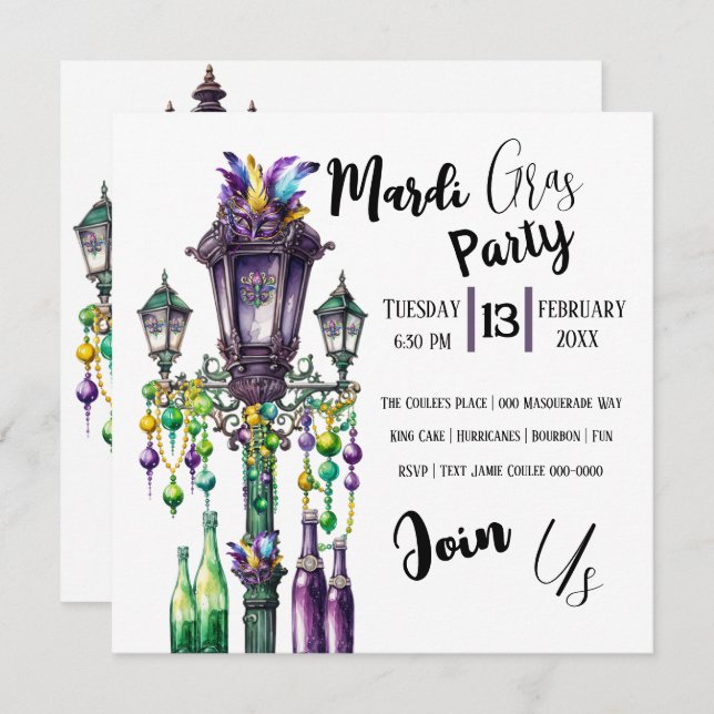 Invitation Mardi Gras Lamp Post et Beads Party (Devant / Derrière)