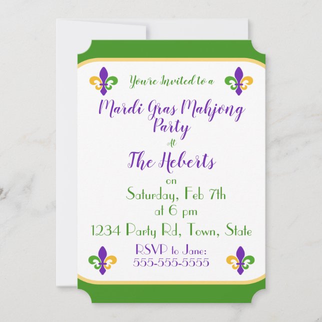 Invitation Mardi Gras MAHJONG Vert Or Violet Fleur de Lis (Devant)