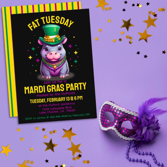 Invitation Mardi Gras Mardi Gras Mardi Hippo avec perles (Créateur téléchargé)
