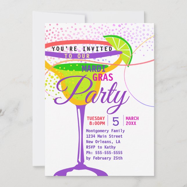 Invitation Mardi Gras Martini Glass Purple Gold Green Party (Devant)
