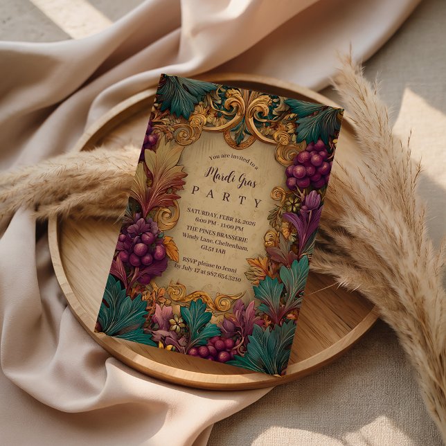 Invitation Mardi Gras Mascarade Opulente à Feuille de Vigne (Créateur téléchargé)