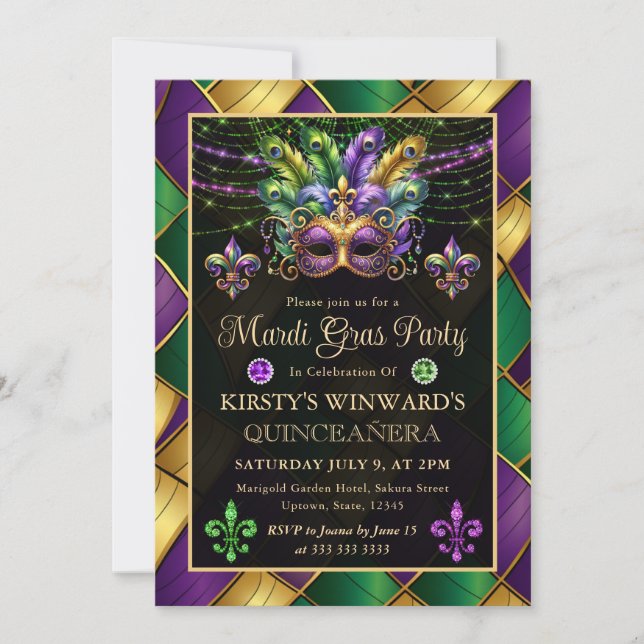 Invitation Mardi Gras Mascarade Quinceañera (Devant)