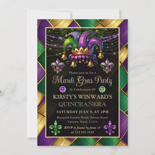 Invitation Mardi Gras Mascarade Quinceanera (Devant)