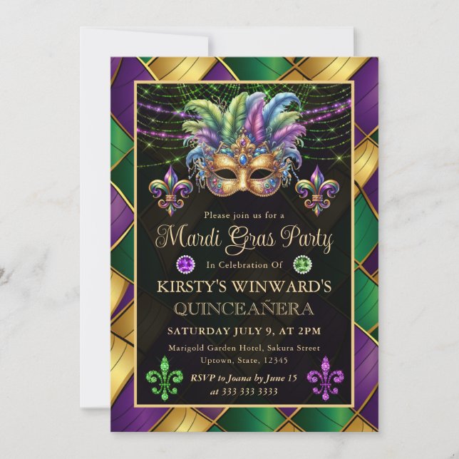 Invitation Mardi Gras Mascarade Quinceanera (Devant)
