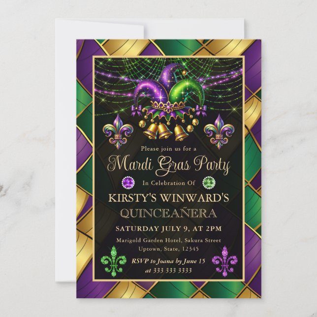Invitation Mardi Gras Mascarade Quinceanera (Devant)