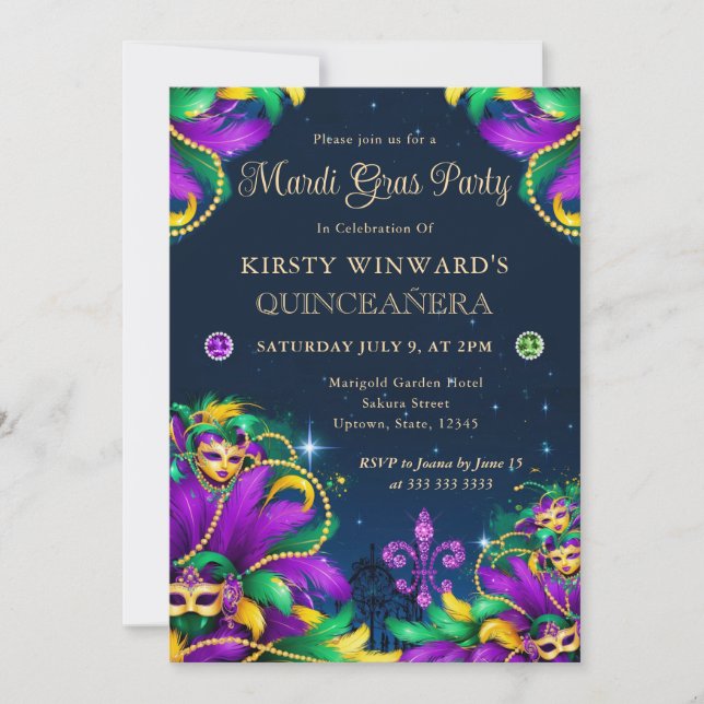 Invitation Mardi Gras Mascarade Quinceanera (Devant)