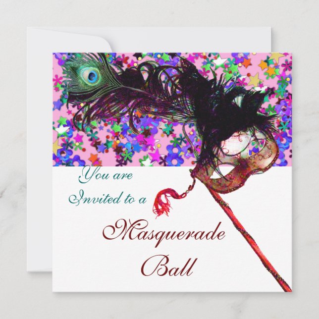 Invitation MARDI GRAS MASQUE ET CONFETTIS blanc violet rose (Devant)
