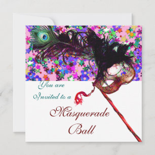 Invitation MARDI GRAS MASQUE ET CONFETTIS blanc violet rose