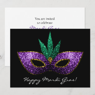 Invitation Mardi Gras Masque violet vert or étincelles Invita