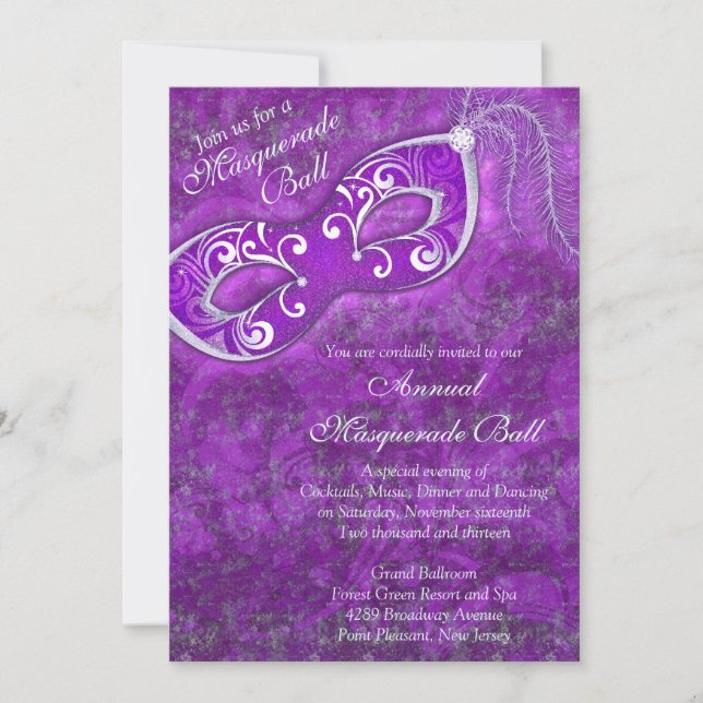 Invitation Mardi Gras Masquerade Ball en Argent Violet (Devant)