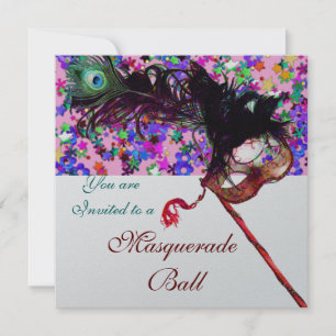 Invitation MARDI GRAS MASQUERADE & CONFETTI blanc rose argent